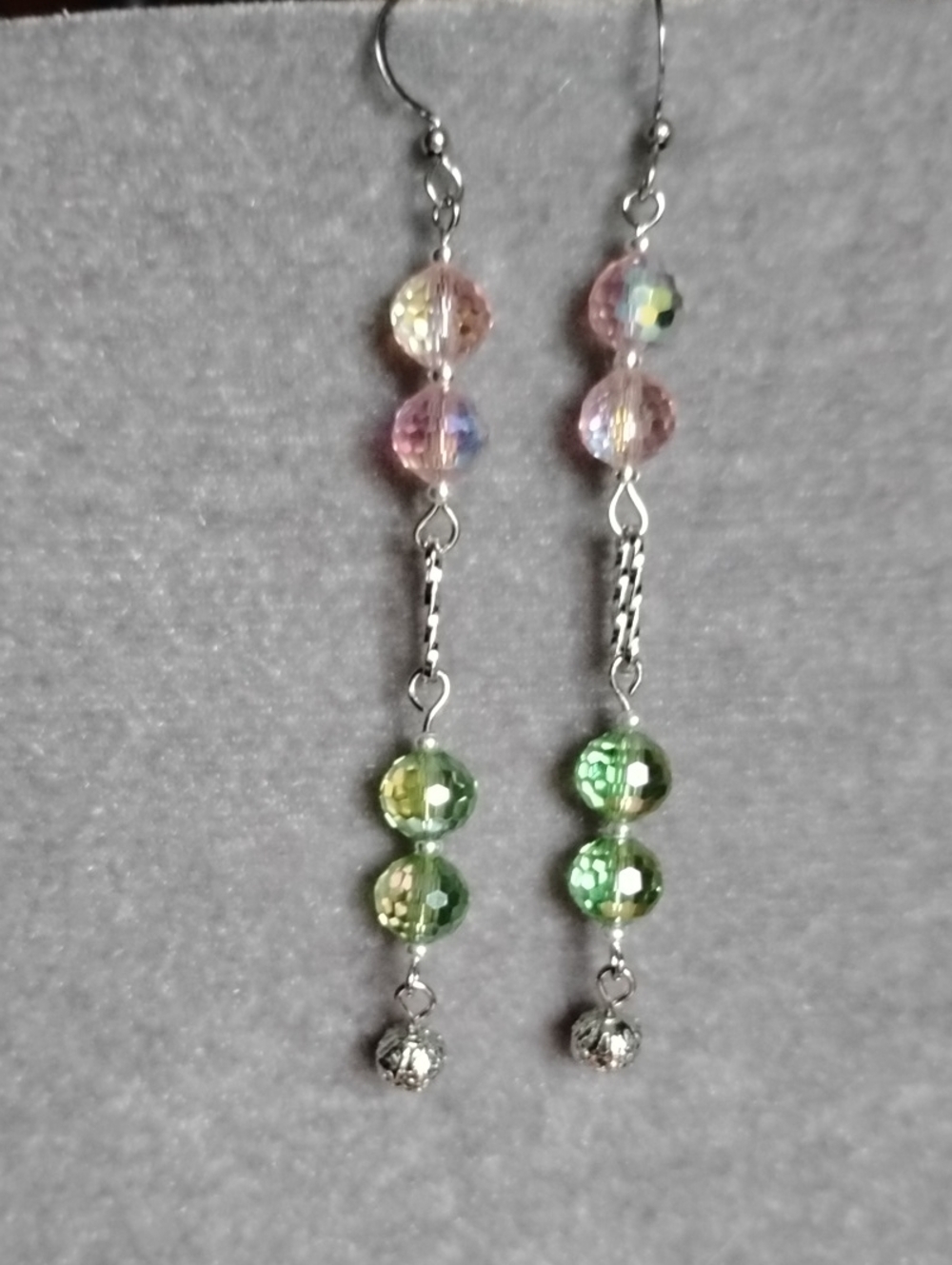 Hand Crafted Pink and Green Glass Faceted Aurora Borealis Drop Earrings